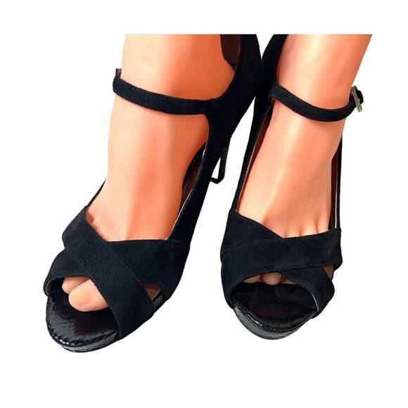 Franco Sarto Womens Size 9.5 M Ankle Strap High Heels Peep Toe Black Suede Shoes - Picture 2 of 10